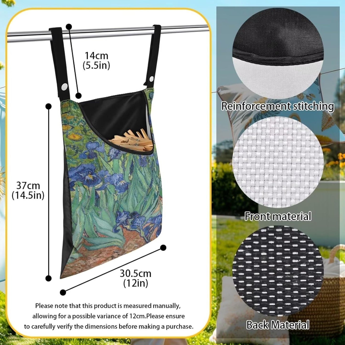 Famous Oil Painting Iris Print Home Clothespin Organizer Bag 14.5"x12" - Large Opening Design for Easy Access - Weather Resistant Hanging Storage Solution for Laundry Rooms Decor