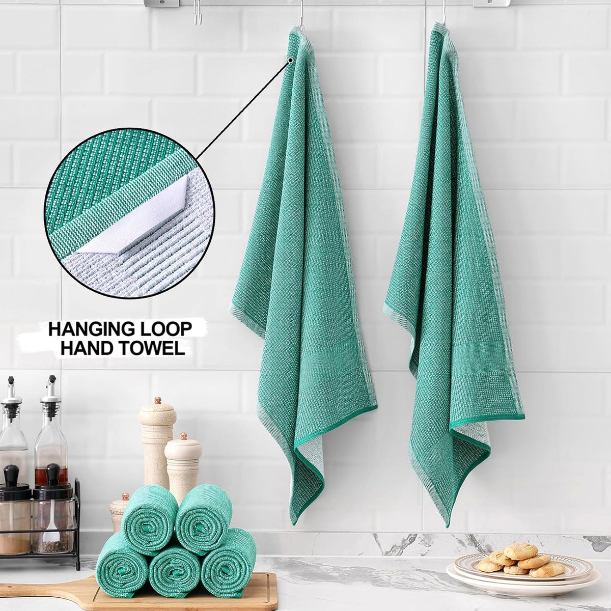 Homaxy Premium Kitchen Towels(18”x 28”, 6 Pack), Large Cotton Kitchen Hand Towels, Flat and Terry Dish Towels, 380 GSM Highly Absorbent Tea Towel Set with Hanging Loop, Green