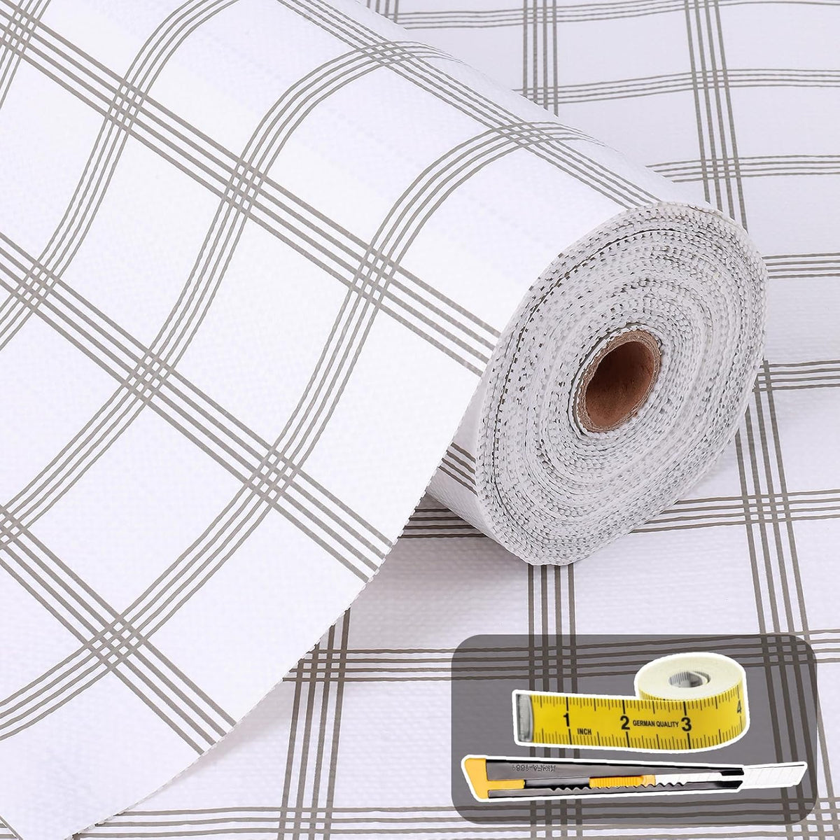 Shelf Liner for Kitchen Cabinets Non Adhesive Drawer Liner Non-Slip Thickened Shelf Liner Paper Strong Easy to Clean for Tool Box Refrigerator with Knife and Tape Measure, White Square,23.6 x 354.3 IN