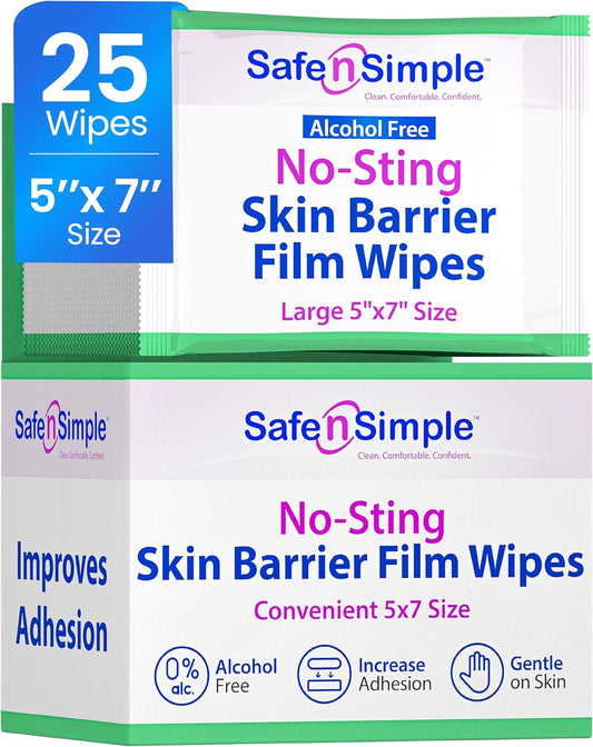 Safe n' Simple Skin Barrier Wipes - 25 Large 5” x 7” Individually Wrapped No-Sting Barrier Film - Skin Prep Protective Wipes - Medical Bandage Barrier Film for Skin