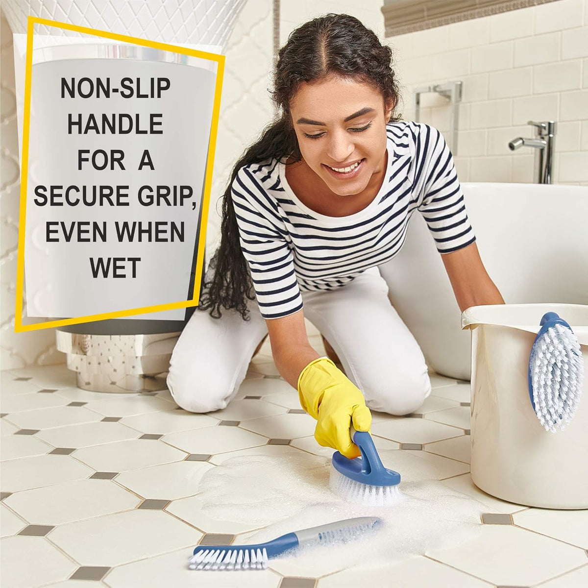 Scrub Brush Set of 3pcs - Cleaning Shower Scrubber with Ergonomic Handle and Durable Bristles - Grout Cleaner Brush - Scrub Brushes for Cleaning Bathroom/Shower/Tile/Kitchen/Floor/Bathtub/Carpet, Blue