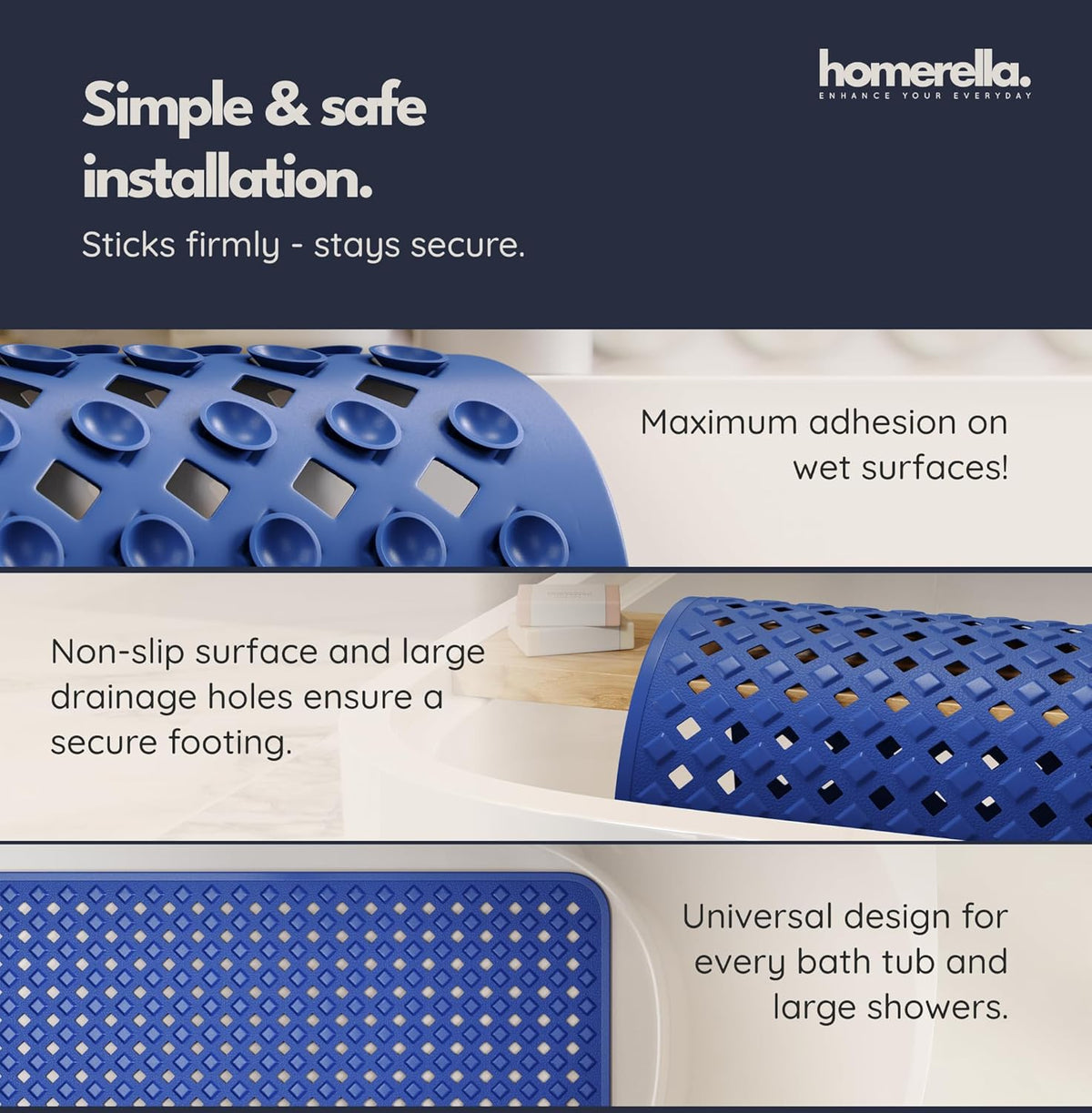 homerella® Bathtub Mat Non Slip 35x16, Incl. Hooks for Drying, Extra Long, 100% BPA Free, Shower Mat Non Slip Anti Mold, Machine Washable, Shower Mats for Inside Shower Mildew Resistant