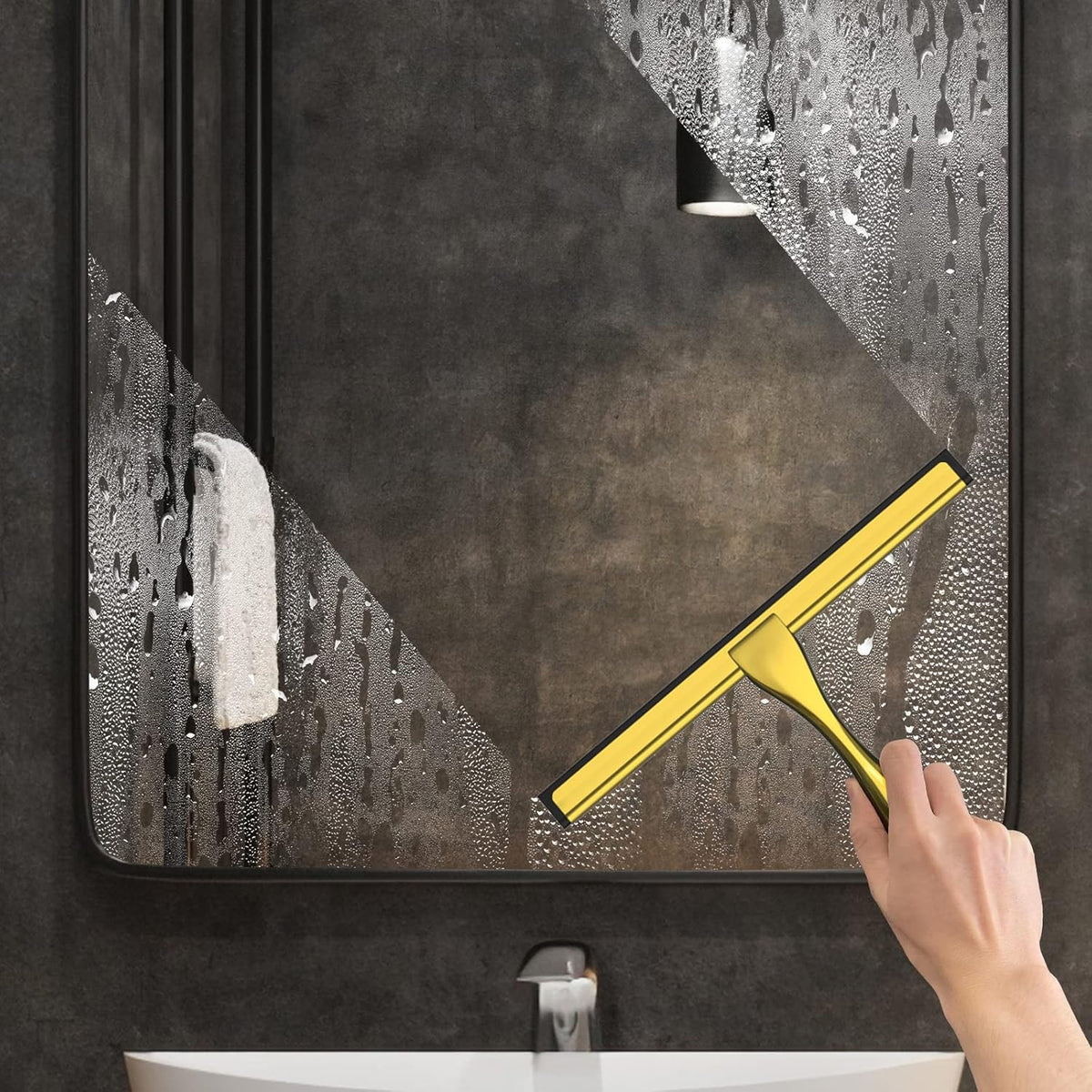 All-Purpose Stainless Steel Shower Squeegee for Shower Doors with 2 Adhesive Hooks, Bathroom Cleaner Tool Household Window Mirror Squeegee for Home Cleaning, Glass Door, Tile Wall, Car, 10 Inch Golden