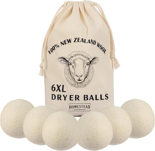 XL Wool Dryer Balls 6-Pack – 100% New Zealand Wool, Natural Fabric Softener & Static Reducer, Reusable Laundry Balls for Pet Hair, Eco-Friendly Dryer Sheets Alternative