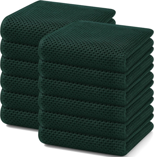 Homaxy 100% Cotton Waffle Weave Kitchen Dish Towels, Ultra Soft Absorbent Quick Drying Cleaning Towel, 13 x 28 Inches, 12-Pack, Blackish Green