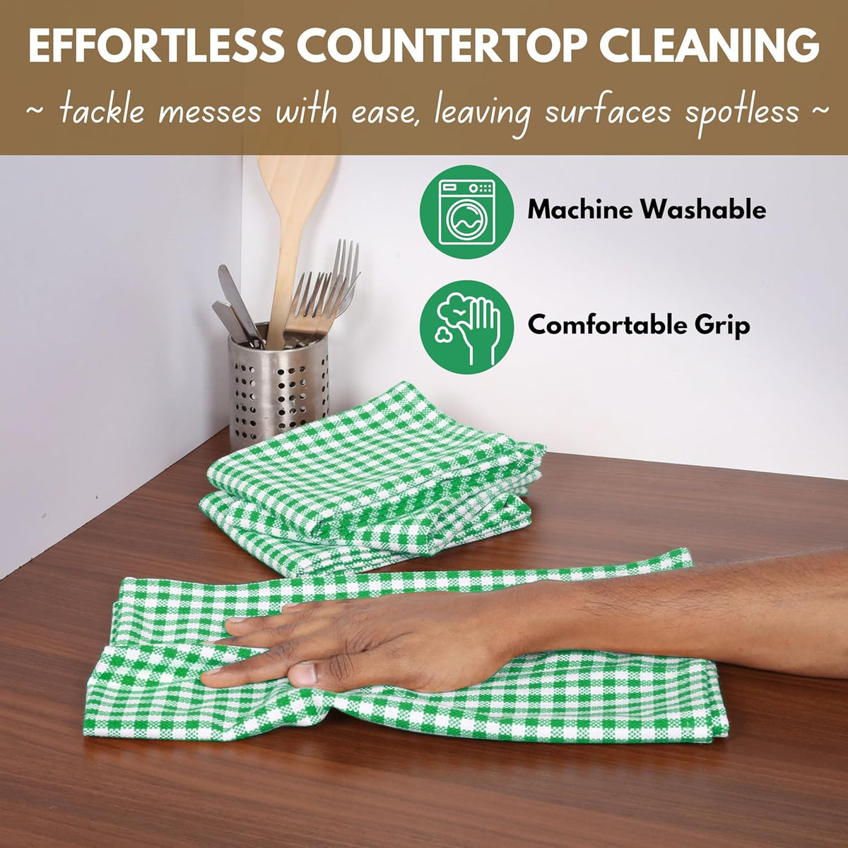 Native Fab Kitchen Dish Towels 16x26 inches Set of 4 Gingham Mini Check- 100% Cotton Dish Cloths for Washing Dishes, Absorbent Hand Towels with Hanger - Green White