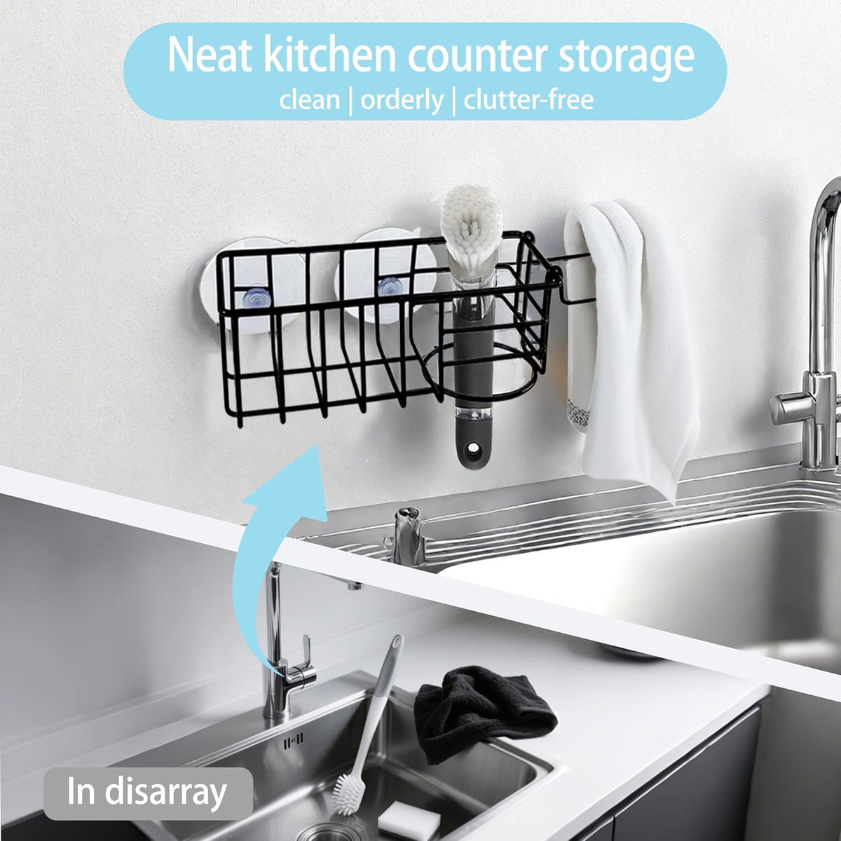 Sponge Holder with Dish Cloth Hanger for Kitchen Sink, in-Sink Caddy Organizer with Suction Cups & Adhesive Strips, Rustproof Sponge Rack for Soap, Brush, Scrubber - Black（2 Pack）