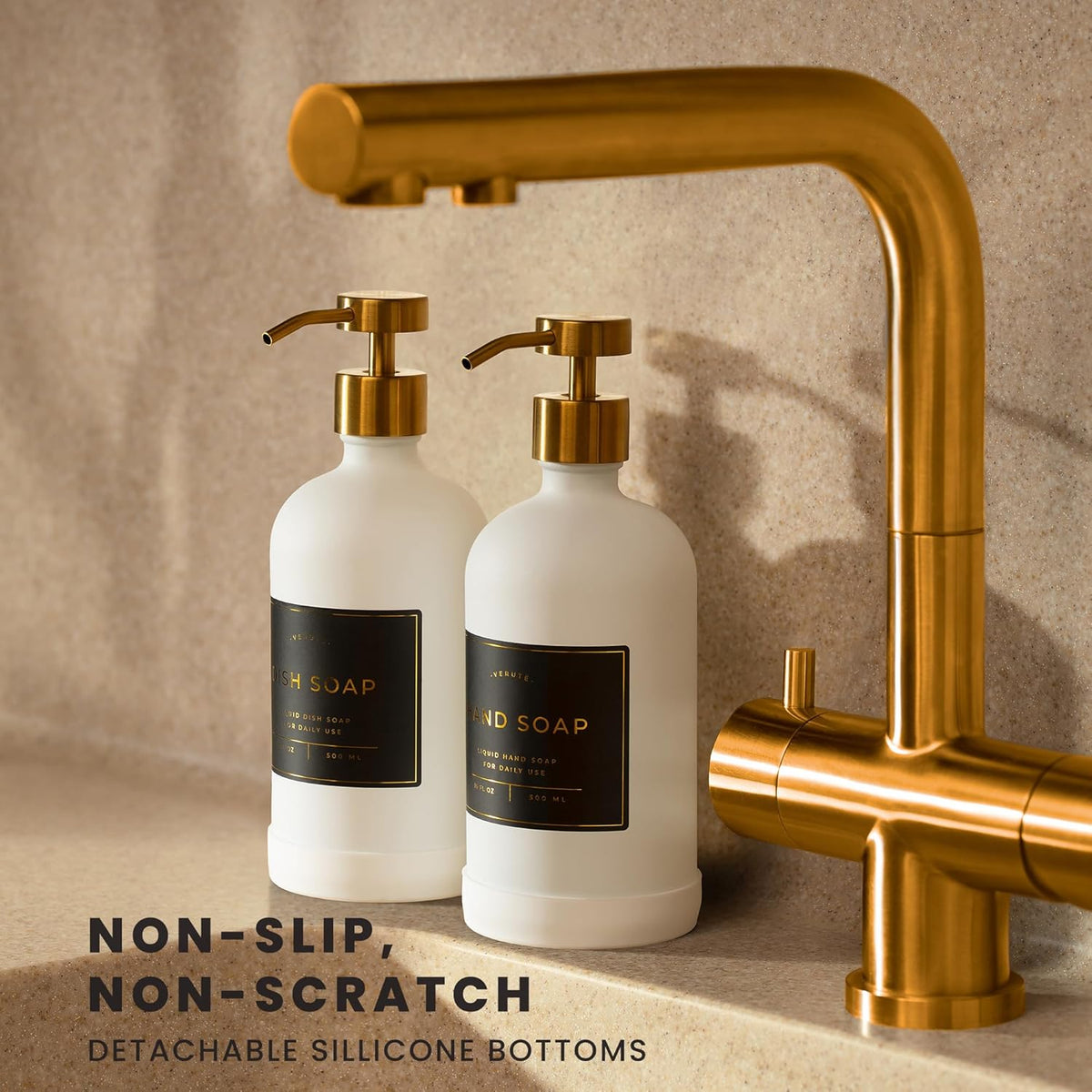 16oz Glass Soap Dispenser with Stainless Steel Pump, 21 Waterproof Labels, Non-Slip Protective Silicone Pad, Set of 2 for Bathroom & Kitchen (Matte White Bottle/Brushed Gold Pump)