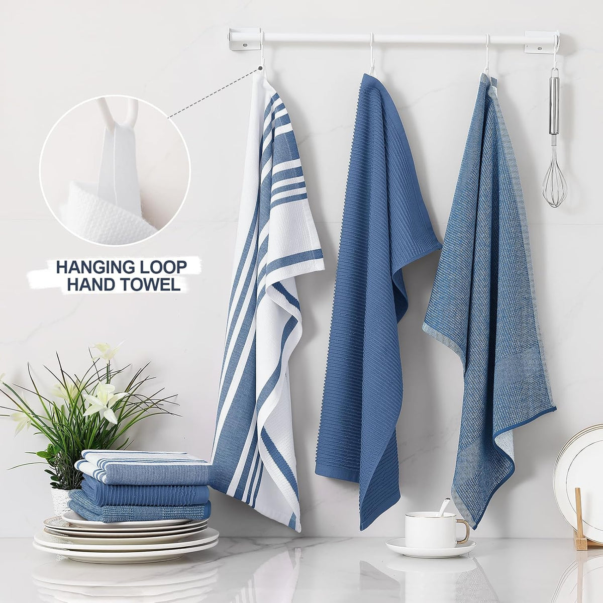 Homaxy Premium Kitchen Towels(18”x 28”, 9 Pack), Large Cotton 380 GSM Kitchen Hand Towels, Soft and Absorbent Terry Dish Towels, Multipurpose Tea Towel Set with Hanging Loop, Navy Blue