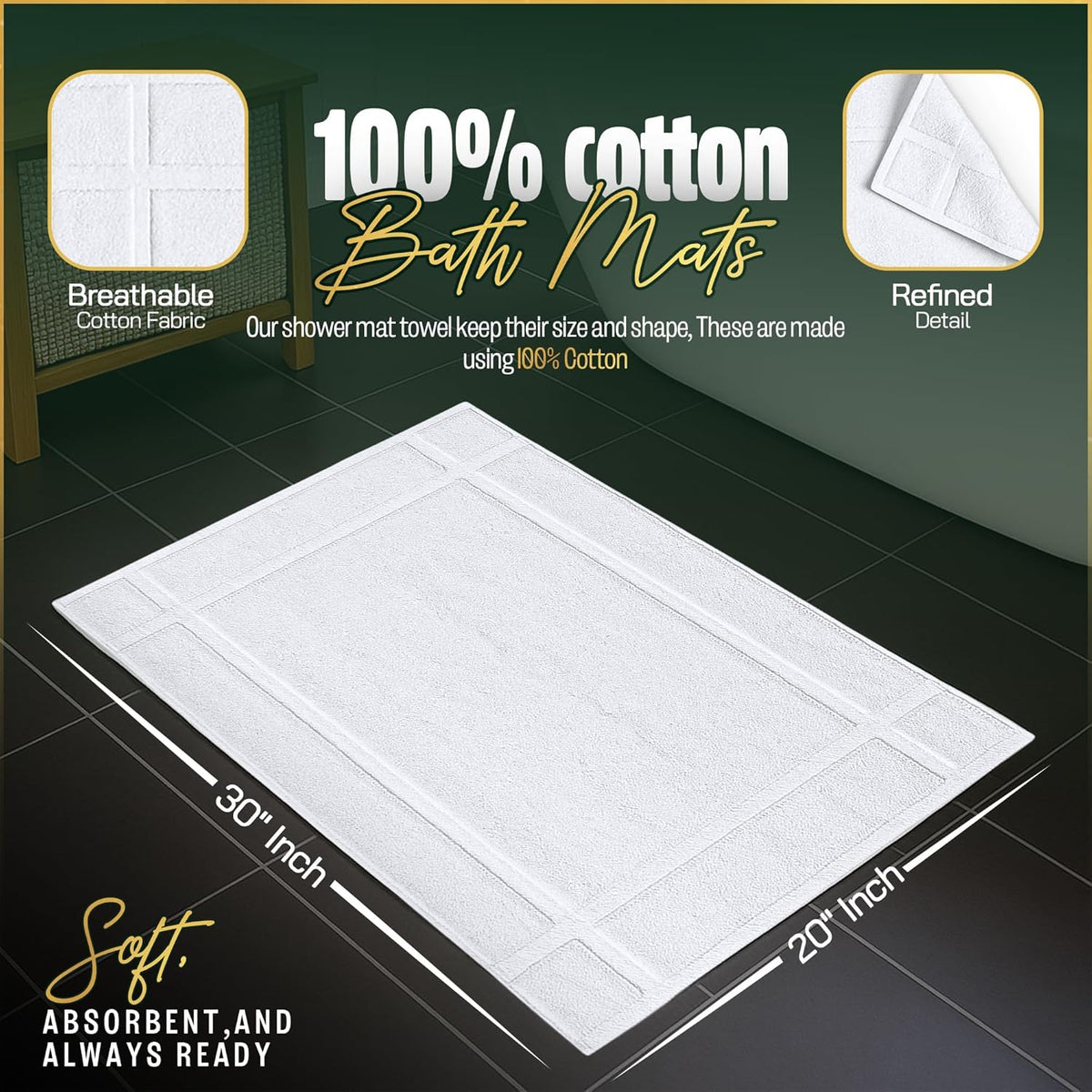 Pearl Linens Pack of 6 100% Cotton Bath Mat 20X30 inches, Soft & Absorbent Quick Dry Bathroom Mat Set, Not Bathroom Rugs, After Shower Mat, Bath Tub Mat, 687 GSM, Machine Washable, White
