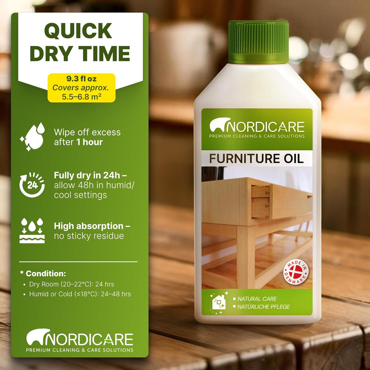 Nordicare Wood Oil Colorless - Premium Walnut Oil, Teak Oil, Wood Oil Furniture for Oak, Beech, Teak, Walnut, Pine, Larch - Natural Furniture Wood Oil - Made in Denmark - for Indoor Use (9.3 oz)