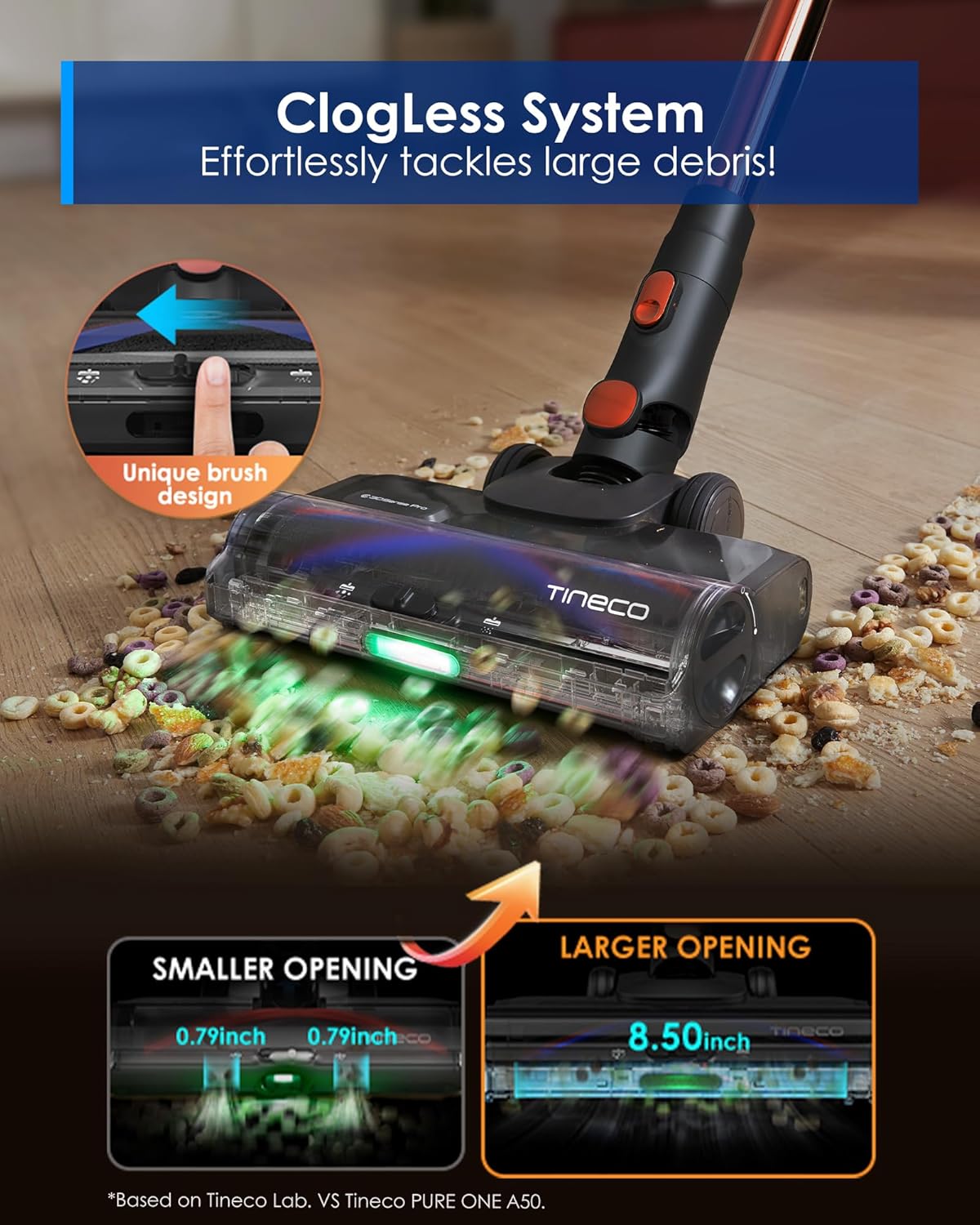 Tineco Pure ONE S70 Cordless Vacuum Cleaner, 200AW Powerful Suction, 3D Sense Pro Cleaning System, 6-Stage Filtration with 95min Runtime, Zero Tangle Brush with 180° Foldable Tube (Blue-Orange)