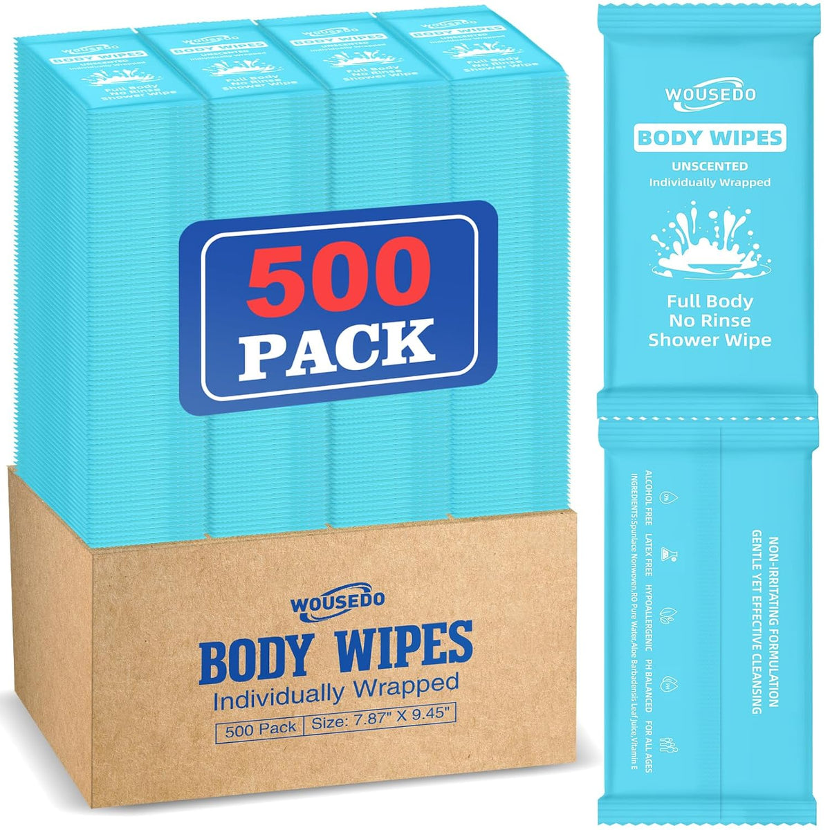 500 Pcs Ultra Thick Soft Large Body Wipes Individually Wrapped(7.87" x 9.45"),Shower Wipes for Adults Bathing No Rinse,Personal Cleansing Wipes for Travel Gym,Bulk Deodorant for Homeless(Blue)