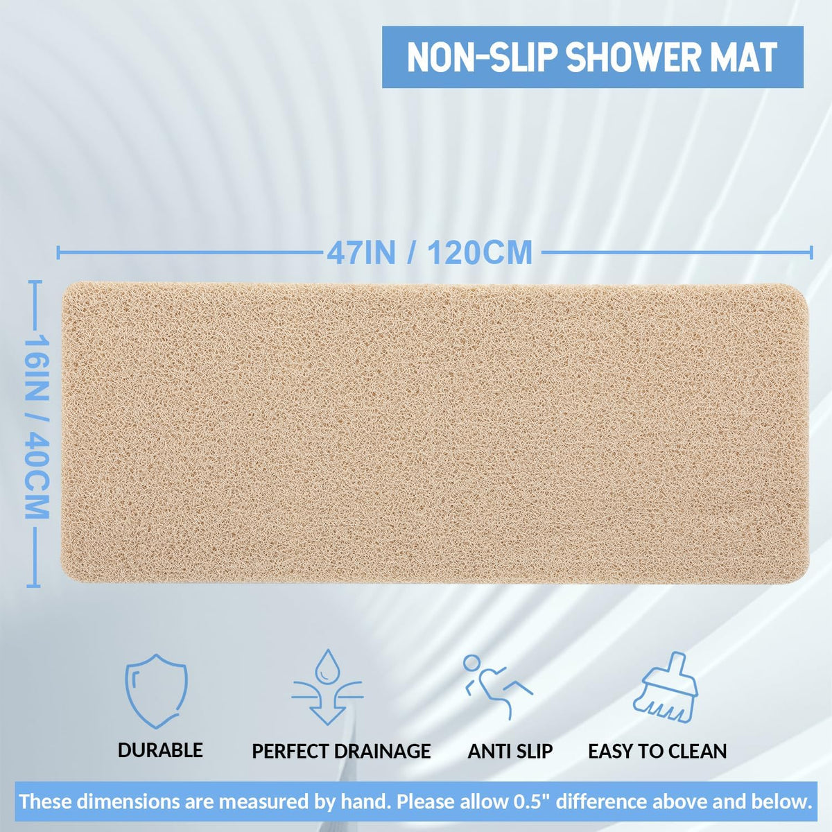 Non-Slip Bathtub Mat, Anti Slip Shower Mat, Fast Drying Bathtub Mats, Foot Scrubber Mat, Anti Slip Mat for Tub, Floor, Bathroom, Kitchen, Home, Hotel (Beige 47"×16")