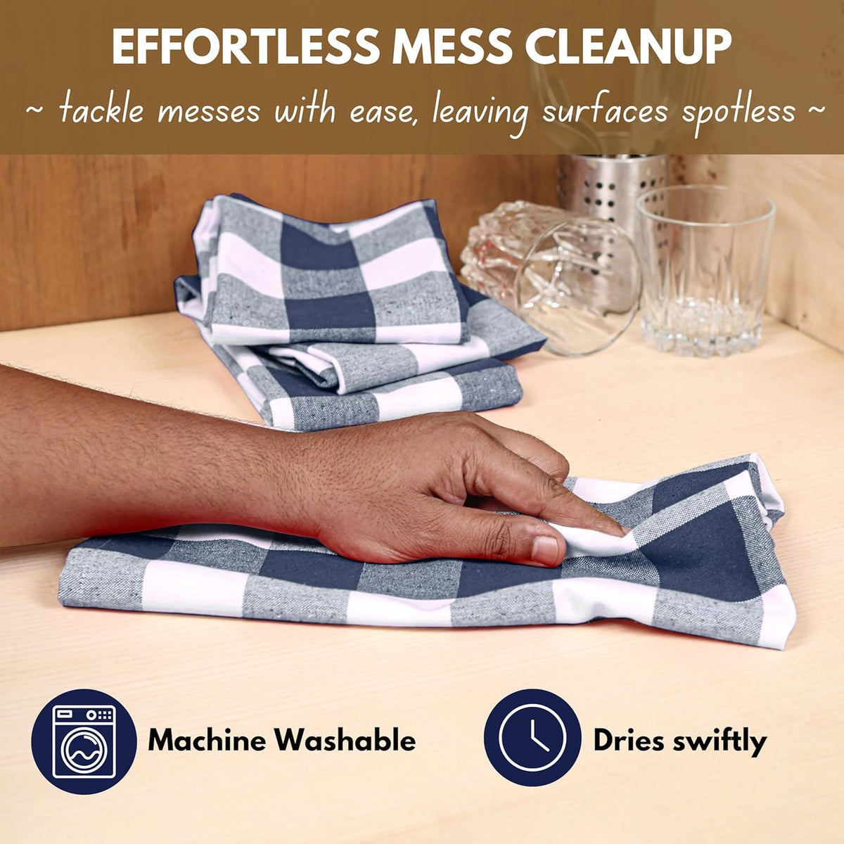 Native Fab 4-Pack Kitchen Towel with Hanging Loop 16x26 inches, Cotton Buffalo Check Kitchen Towels for Cleaning Drying, Washcloths Soft & Absorbent Cloth Rags, Bar Towel, Dish Cloth, Navy
