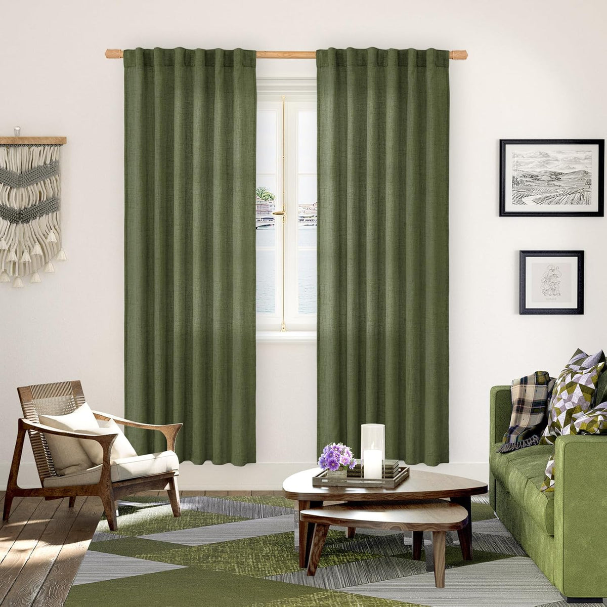 YoungsTex Olive Green Linen Curtains 78 Inch Length for Living Room, Light Filtering Semi Sheer Window Drapes with Rod Pocket Back Tab for Office Dining Bedroom, 2 Panels, 52 X 78 Inch