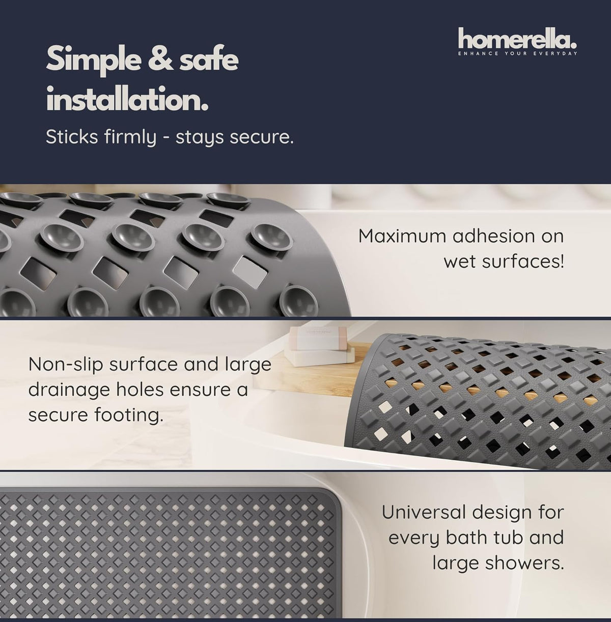 homerella® Bathtub Mat Non Slip 35x16, Incl. Hooks for Drying, Extra Long, 100% BPA Free, Shower Mat Non Slip Anti Mold, Machine Washable, Shower Mats for Inside Shower Mildew Resistant