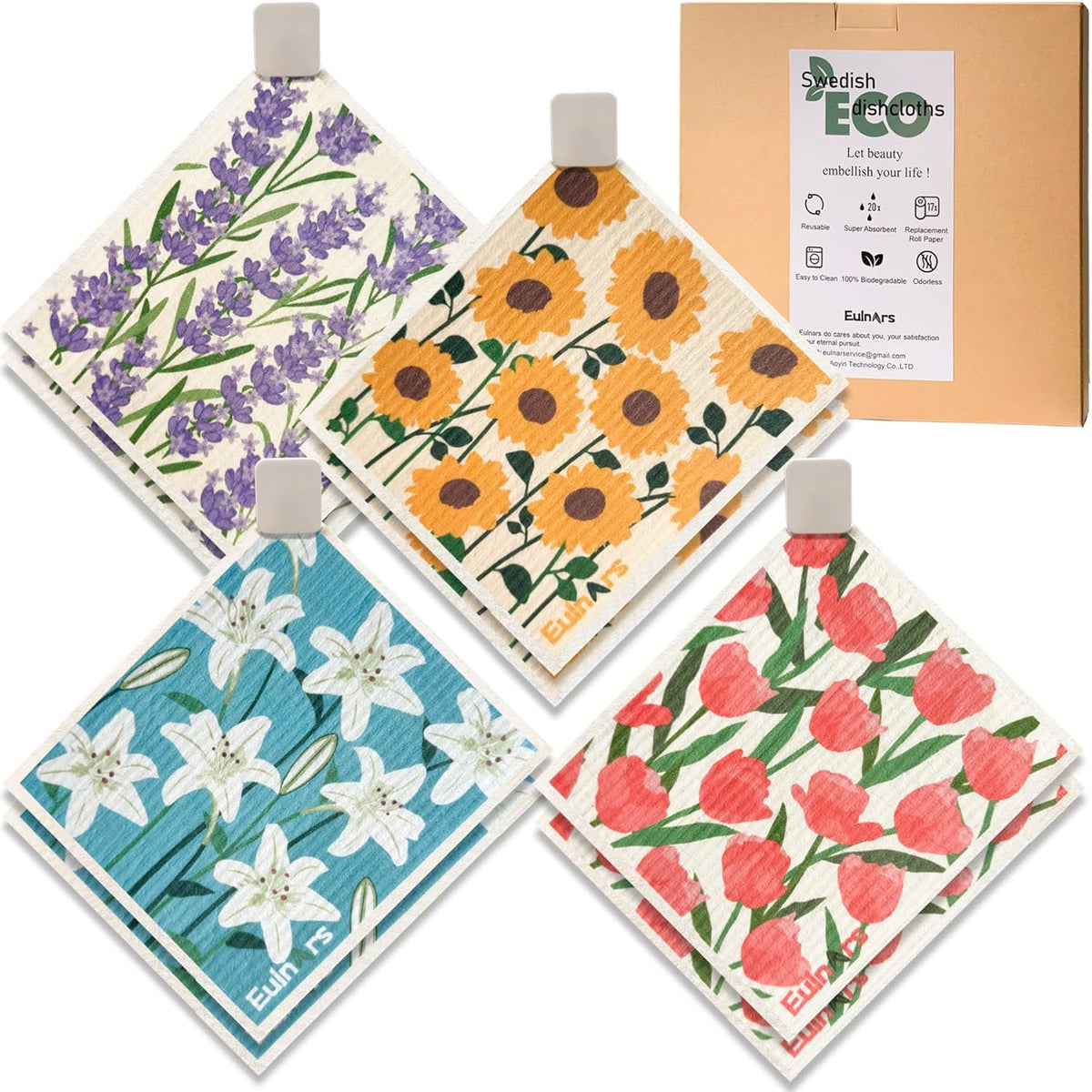 Swedish Dishcloths for Kitchen, 8 Pack Flower Reusable Paper Towels Washable, Non-Scratch Swedish Kitchen Towels, Super Absorbent Cellulose Dish Cloths, Eco Friendly Gifts