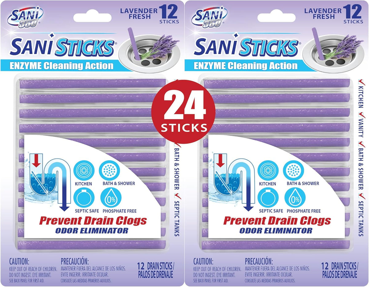SANI 360° Sani Sticks Drain Cleaner and Deodorizer, 24 Count, Lavender Scent Enzyme Pipe Cleaners, Eliminate Odors, Prevent Clogged Drains, Safe for Sinks, Bathtub Drains, Septic Tanks