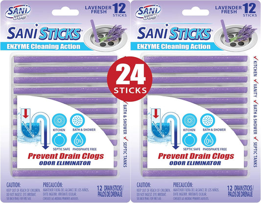 SANI 360° Sani Sticks Drain Cleaner and Deodorizer, 24 Count, Lavender Scent Enzyme Pipe Cleaners, Eliminate Odors, Prevent Clogged Drains, Safe for Sinks, Bathtub Drains, Septic Tanks