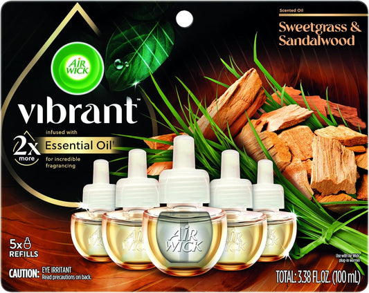 Air Wick Plug In Scented Oil Refills, Sweetgrass + Sandalwood, Air Fresheners for Home Long Lasting, Room Fresheners,Air Freshener Plug In, Essential Oils, Home Essentials for Small&Large Spaces,5 ct