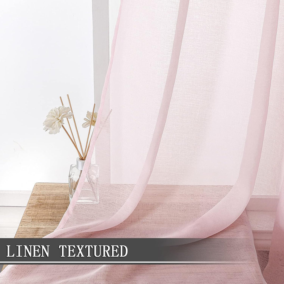Tollpiz Short Sheer Curtain Linen Textured Bedroom Curtains Sheer Light Filtering Rod Pocket Voile Curtain for Living Room, 54 x 54 inches Long, Pink, Set of 2 Panels
