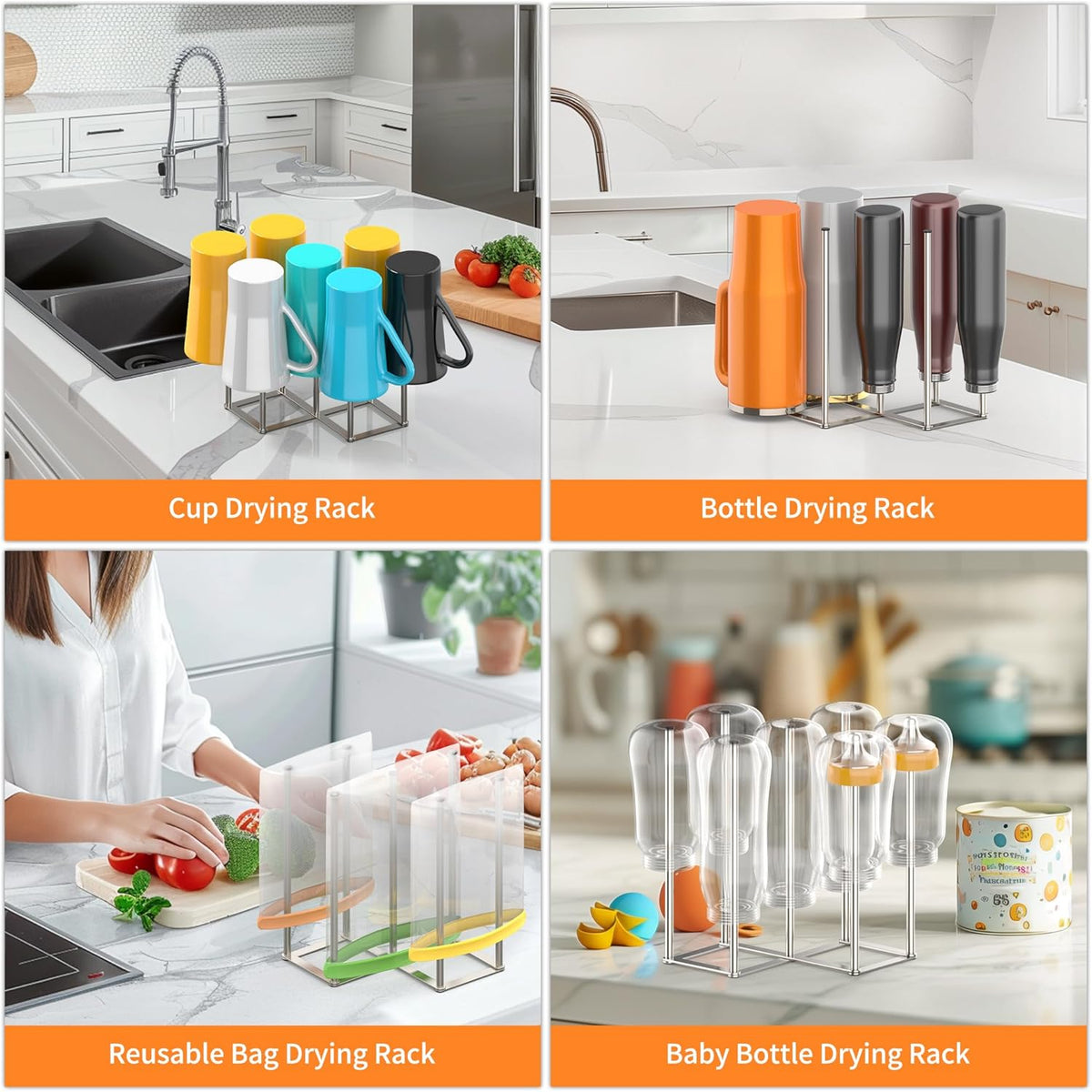 Foldable Bottle Drying Rack, Baby Bottle Drying Rack, Collapsible Cup Draining Holder, Retractable Reusable Storage Bag Dryer with Non-Slip Bottom - Stainless Steels (Silver)
