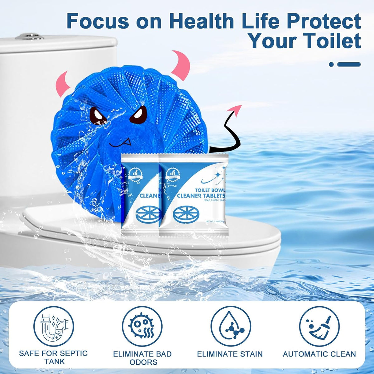 Toilet Bowl Cleaner Tablets Blue Toilet Tank Cleaners, Septic-Safe Hard Water Stain Remove, Bathroom Automatic Toilet Cleaning & Deodorizer, Fresh Scent - 30 Tabs
