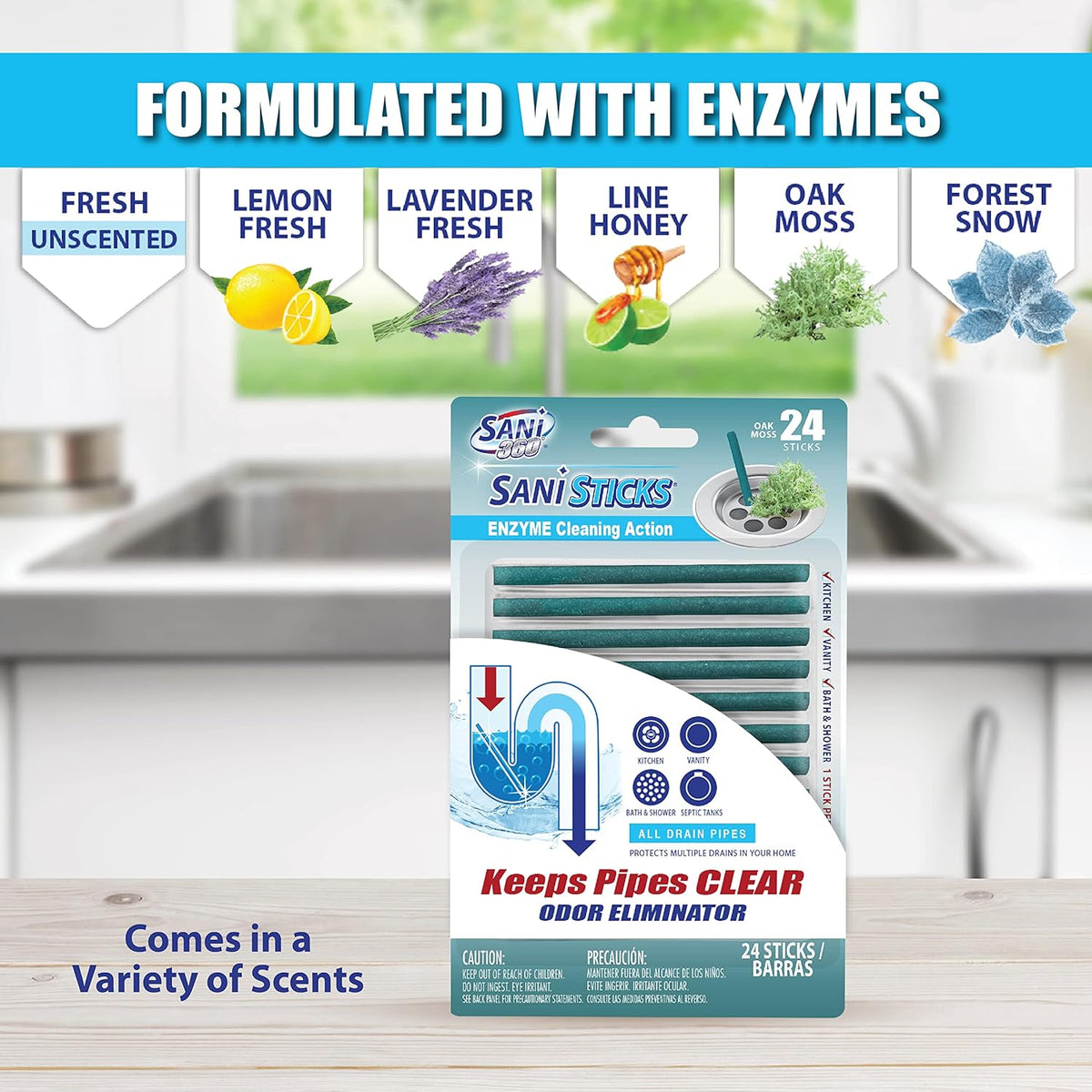 SANI 360° Sani Sticks Drain Cleaner and Deodorizer, Enzyme Pipe Cleaners, Eliminate Odors, Prevent Clogged Drains, Safe for Sinks, Bathtub Drains, Septic Tanks, 24 Count, Oak Moss