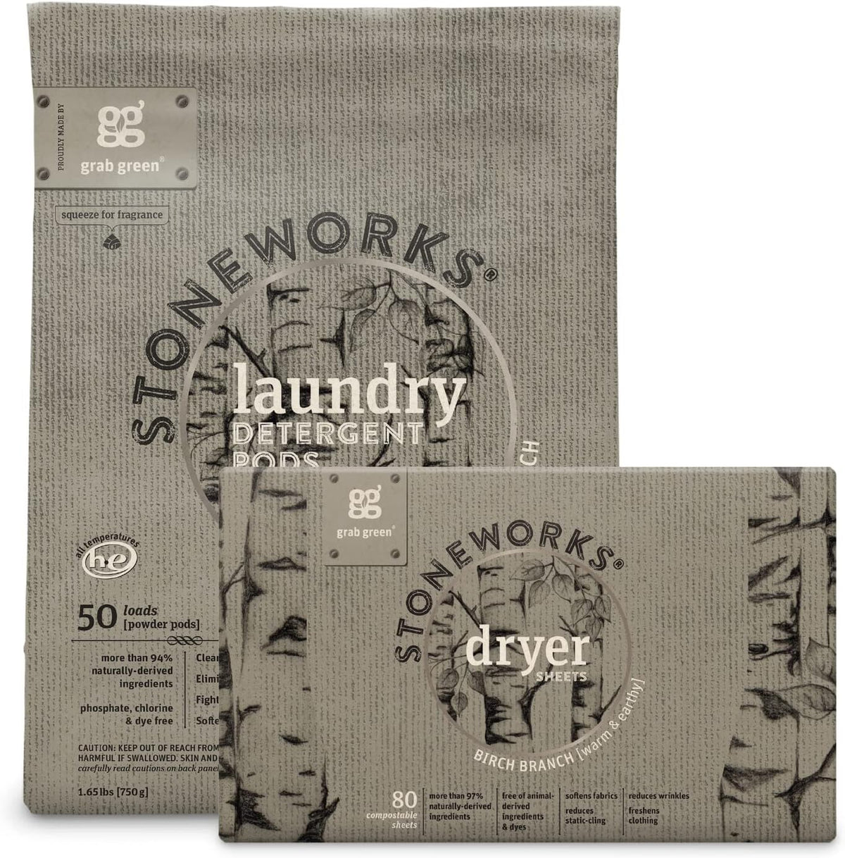 Grab Green Stoneworks Laundry Detergent Pods and Dryer Sheet Bundle, 50 Count Pods and 80 Dryer Sheets, Birch Branch Scent, Plant and Mineral Based Laundry Care Set