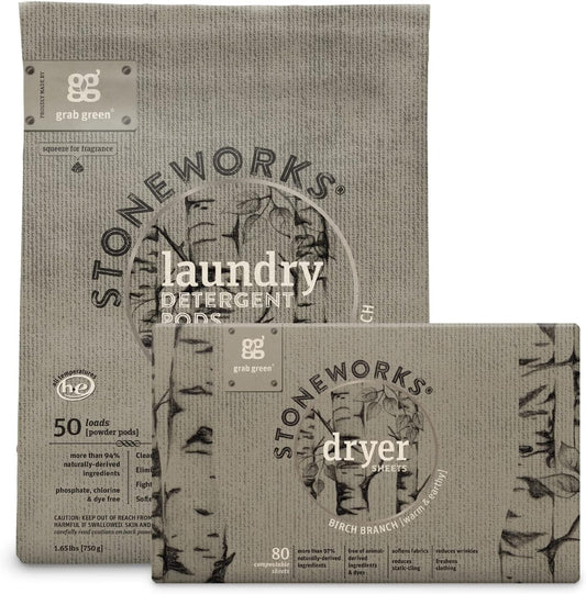 Grab Green Stoneworks Laundry Detergent Pods and Dryer Sheet Bundle, 50 Count Pods and 80 Dryer Sheets, Birch Branch Scent, Plant and Mineral Based Laundry Care Set
