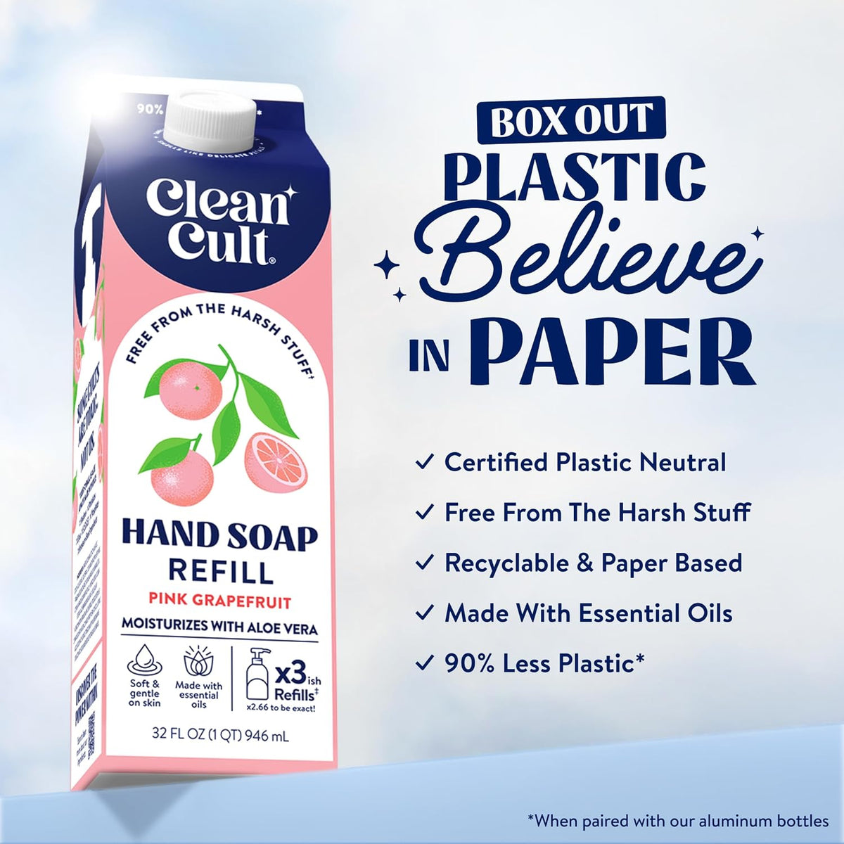 Cleancult Liquid Hand Soap Refill - Pink Grapefruit- Moisturizes Dry & Sensitive Skin - Made with Aloe Vera & Essential Oils - Eco Friendly - Paper-Based Packaging - 32 oz/1 Pack