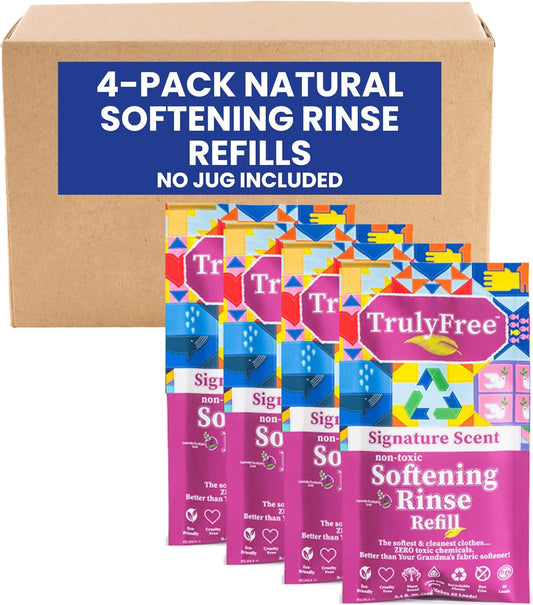 Truly Free Fabric Softening Conditioner for Clothes| Safe for Babies & Kids with Sensitive Skin | Plant-Based | Includes 4 Refills| Signature Scent Rinse(200 Loads)