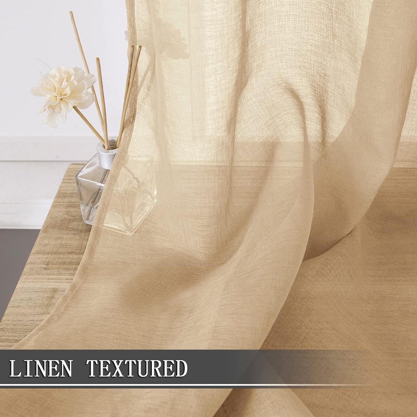 Tollpiz Short Sheer Curtain Living Room Linen Textured Curtains Sheer Light Filtering Voile Rod Pocket Curtain for Bedroom, 38 x 54 inches Long, Beige, Set of 2 Panels