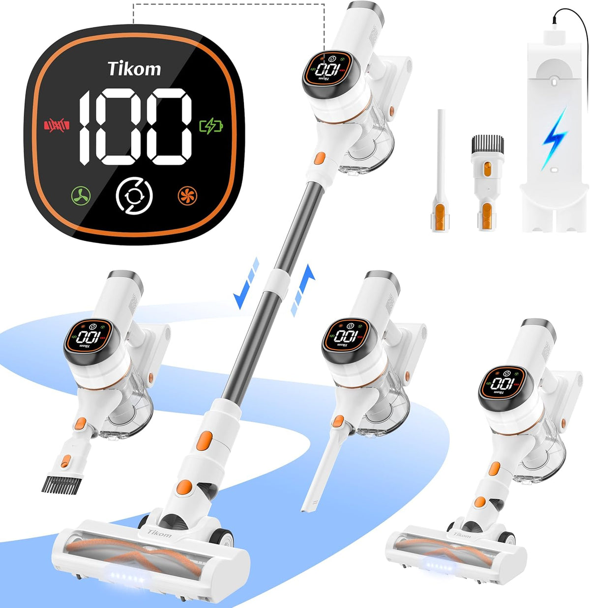 Tikom V500 Cordless Vacuum Cleaner for Home, 40000Pa/450W Stick Vacuum with LED Touch Screen, Charging Wall Dock, Anti-Tangle, Lightweight Handheld Vacuum for Pet Hair, Hard Floor, Carpet