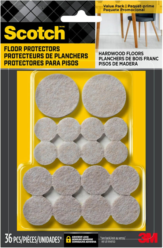 Scotch Felt Pads, Felt Furniture Pads for Protecting Hardwood Floors, Beige, Multi-Pack, 16-3/4 in., 16-1 in., 4-1.5 in., Round, 36 Pads Total