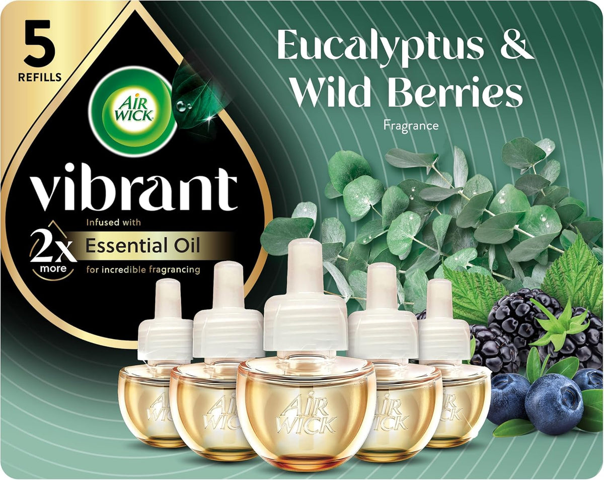 Air Wick Plug In Scented Oil Refills, Eucalyptus + Berries, Air Fresheners for Home Long Lasting, Room Fresheners,Air Freshener Plug In, Essential Oils, Home Essentials for Small&Large Spaces,5 ct