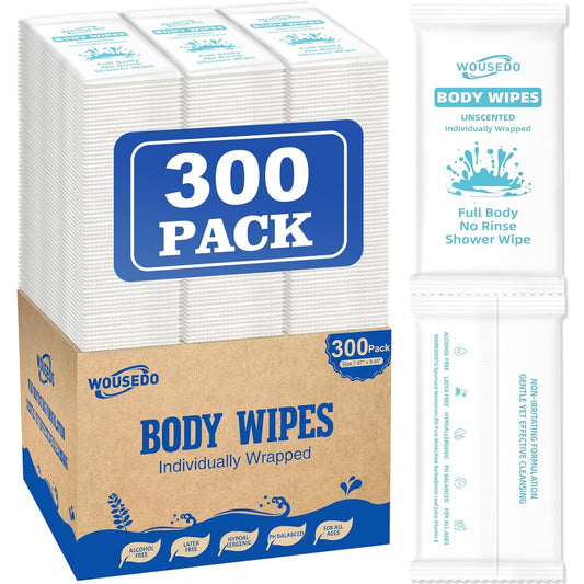 300 Pcs Ultra Thick Soft Large Body Wipes Individually Wrapped(7.87" x 9.45"),Shower Wipes for Adults Bathing No Rinse,Personal Cleansing Wipes for Travel Gym,Bulk Deodorant for Homeless(White)