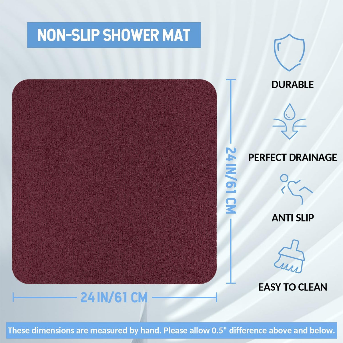 Non-Slip Bathtub Mat, Anti Slip Shower Mat, Fast Drying Bathtub Mats, Foot Scrubber Mat, Anti Slip Mat for Tub, Floor, Bathroom, Kitchen, Home, Hotel (Wine Red 24"×24")