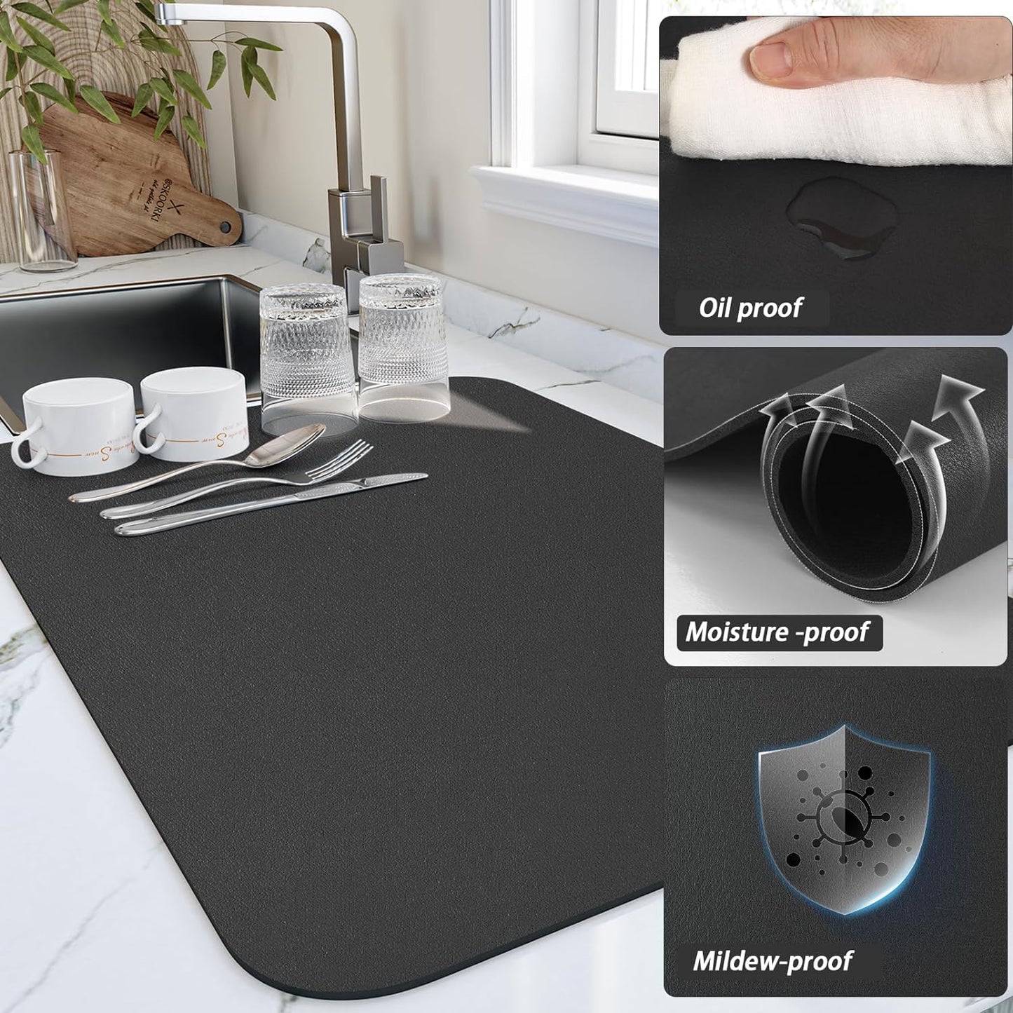 Dish Drying Mat for Kitchen Counter, Heat Resistant Drainer Mats with Non-slip Rubber Backed, Hide Stain Kitchen Super Absorbent Draining Mat, Easy to Clean Dish Rack Pad, Black 18"x28"