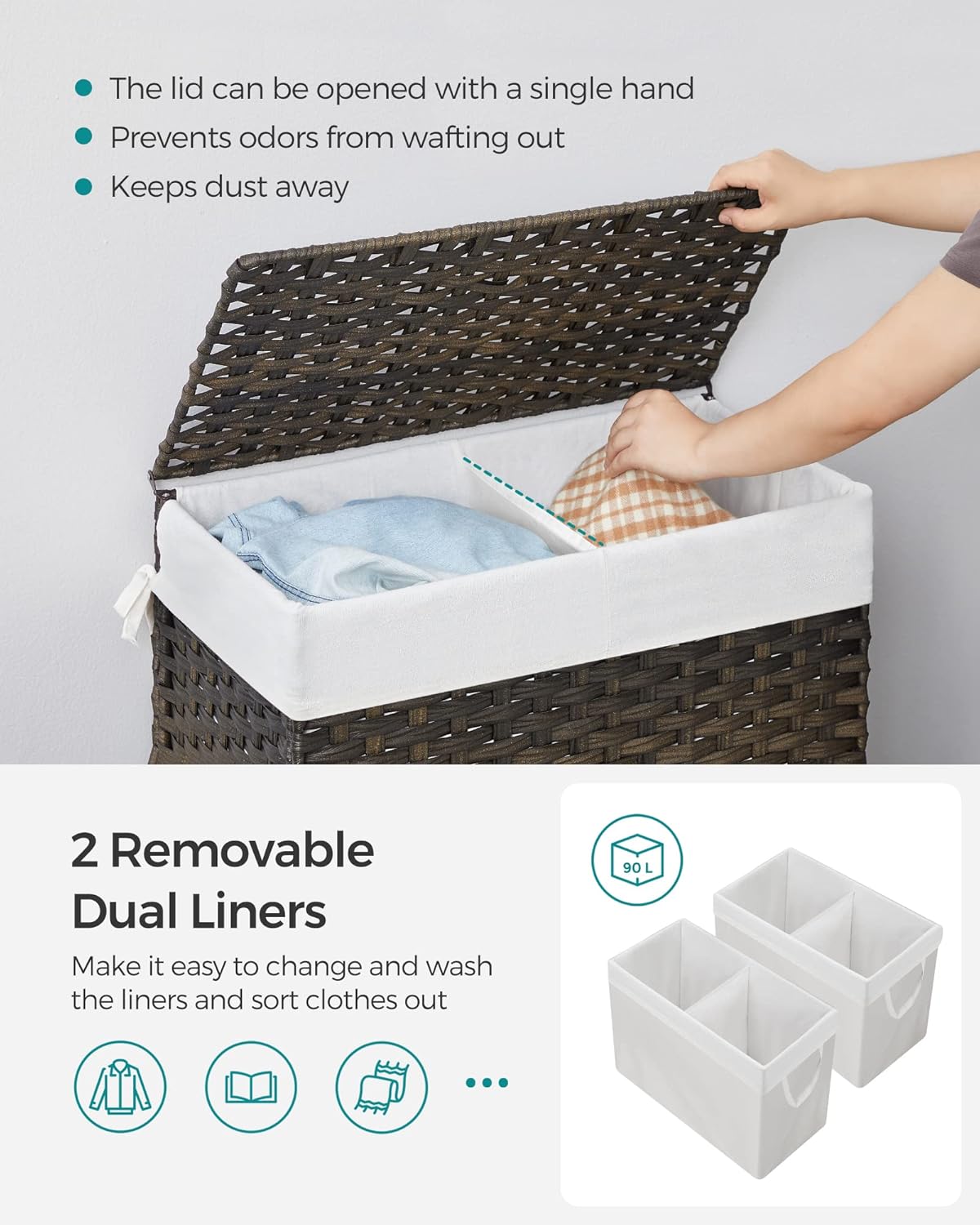 SONGMICS Laundry Hamper with Lid, 90L Clothes Hamper with 2 Removable Liner Bags, 6 Mesh Bags, Wicker Laundry Basket, Double Laundry Hamper for Bathroom, 13 x 18.1 x 23.6 Inches, Brown ULCB251K01V1