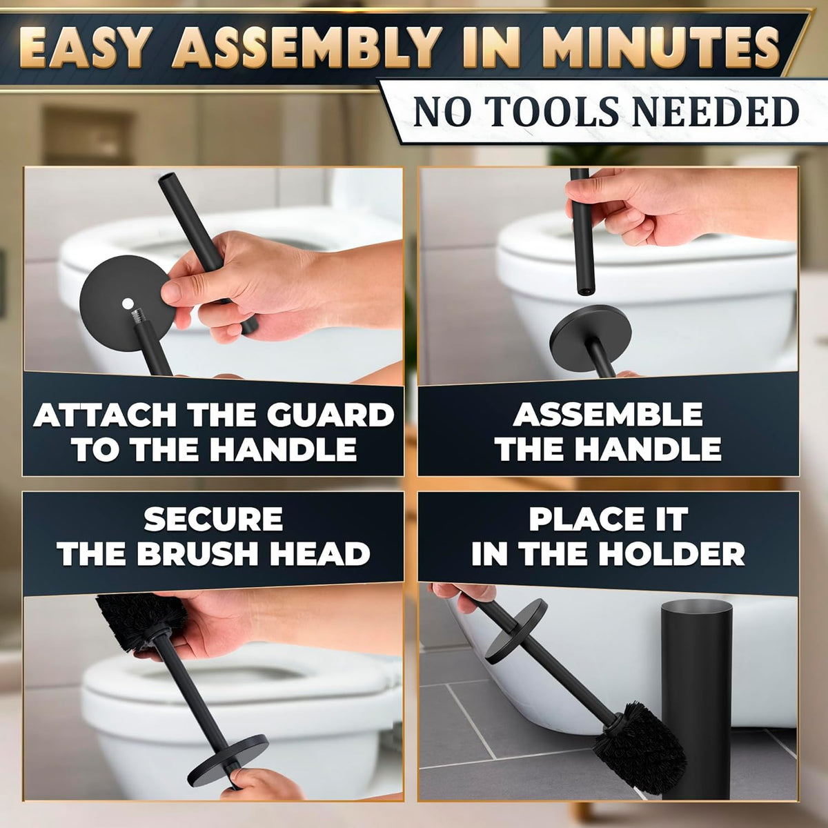 Black Toilet Brush and Holder Set - Scratch Resistant Black Toilet Bowl Brush and Holder with Soft Bristles Replaceable Head, Protection from Splashes, and Compact Design - for Effective Cleaning