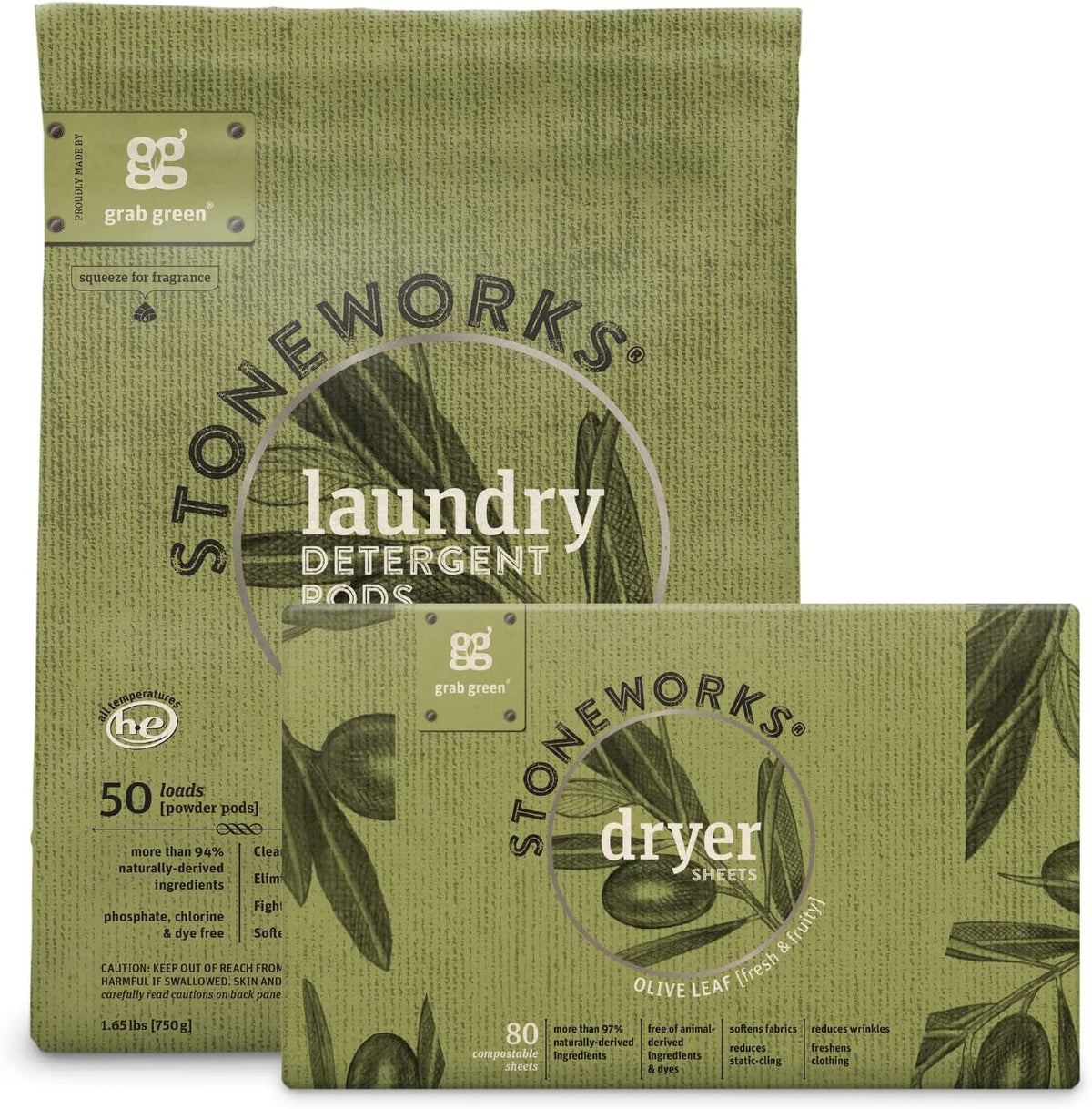 Grab Green Stoneworks Laundry Detergent Pods and Dryer Sheet Bundle, 50 Count Pods and 80 Dryer Sheets, Olive Leaf Scent, Plant and Mineral Based Laundry Care Set