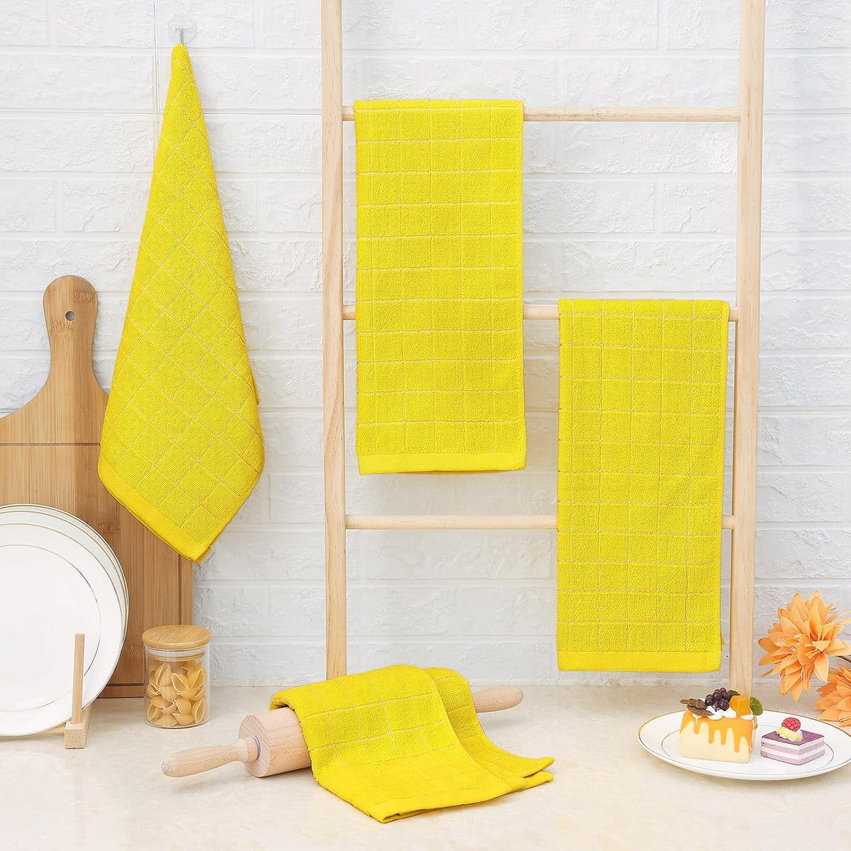 Homaxy 100% Cotton Terry Kitchen Towels(Yellow, 13 x 28 inches), Checkered Designed, Soft and Super Absorbent Dish Towels, 6 Pack