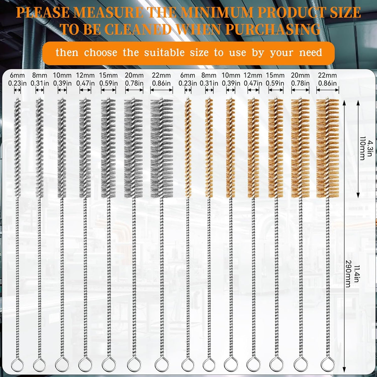 14-Pieces Brass Wire Brush Stainless Steel Tube Brush Set 12" Round Wire Brushes Kit Bore Brush Metal Bristle Cleaning for Pipe, Tube, Auto Parts, Engine (6mm/8mm/10mm/12mm/15mm/20mm/22mm)