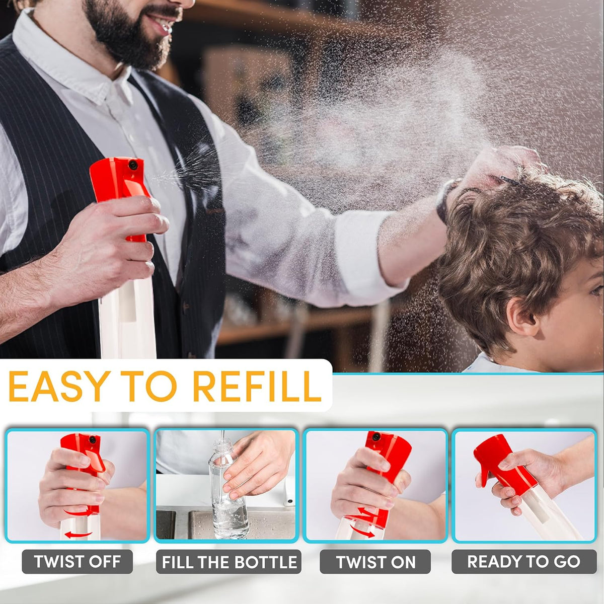 Hula Home Spray Bottle for Hair (10.1oz/300ml) - Powered by Flairosol® Spray Technology - Continuous Ultra Fine Mist Sprayer for Hairstyling, Cleaning, Salons, Plants, Essential Oil & More - Red/Clear