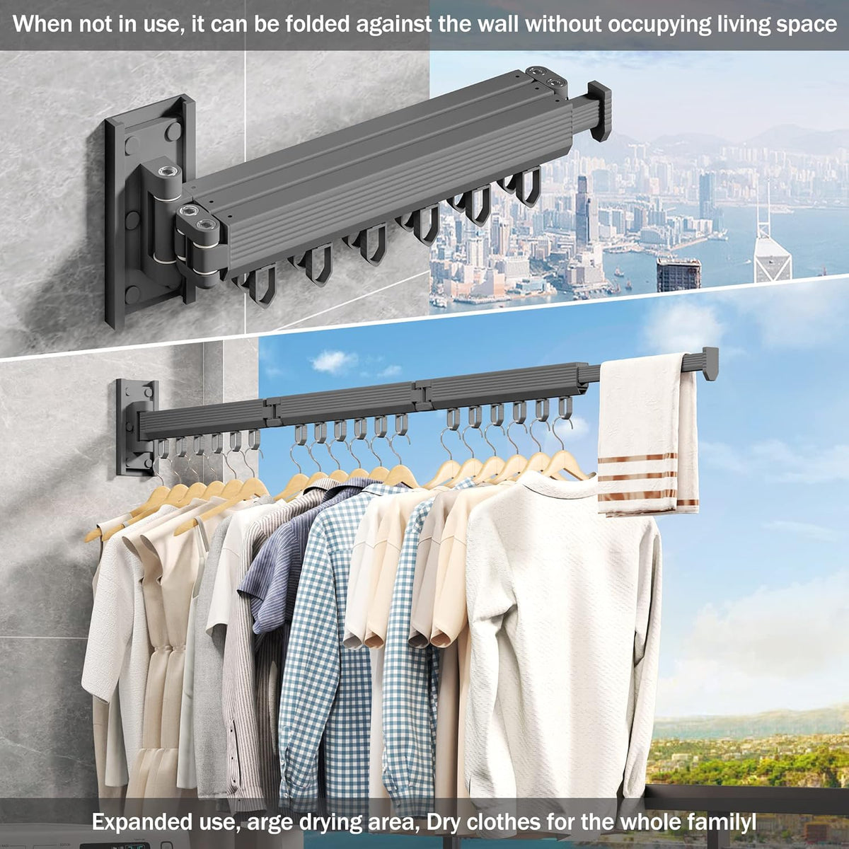 Wall Mounted Clothes Drying Rack - Foldable, Retractable Laundry Hanger with Grey-Rings