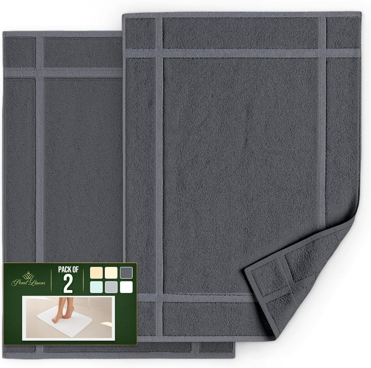 Pearl Linens Pack of 2 Washable Cotton Bath Mat 18x25 - Soft & Absorbent Quick Dry Bathroom Mat Set, Not Bathroom Rugs After Shower Mat, Terry Bath Tub Mat, 687 GSM Dark Grey