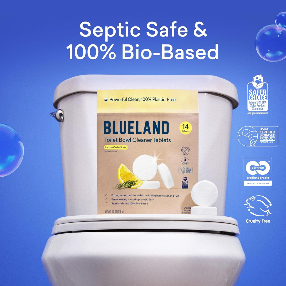 BLUELAND Toilet Bowl Cleaner Tablets, Starter Set, 14 Count with Tin, Lemon Cedar, Plastic-Free, No Harsh Chemicals, Plant-Based