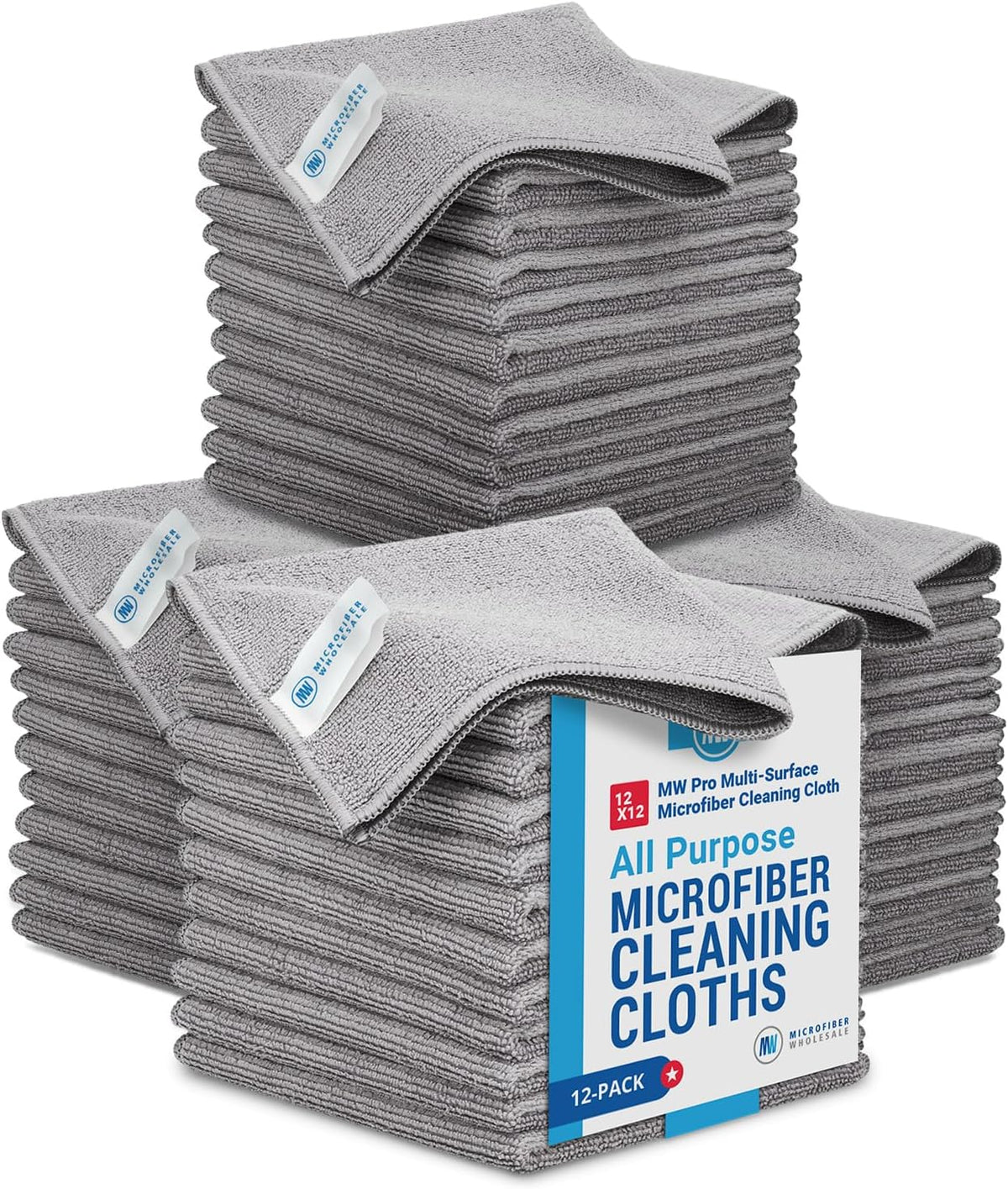 12" x 12" MW Pro Multi-Surface Microfiber Cleaning Cloths | Gray - 48 Pack | Premium Microfiber Towels for Cleaning Glass, Kitchens, Bathrooms, Automotive, Supplies & Products